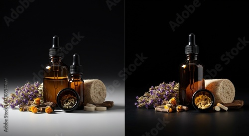 Wallpaper Mural Amber glass dropper bottles of herbal essential oil, dried flowers, roots, and natural supplements;  minimalist, dark and light background variations, wellness product photography. Torontodigital.ca
