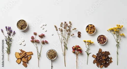 Wallpaper Mural Flatlay of dried herbs, flowers, and pills on white background; alternative medicine, herbal remedies, natural healthcare concept; minimalist, clean aesthetic. Torontodigital.ca