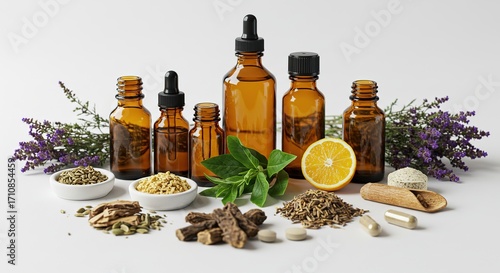 Wallpaper Mural Amber Bottles of Essential Oils, Herbs, and Supplements:  Natural Wellness and Alternative Medicine Concept.  Clean, Bright Studio Photography. Torontodigital.ca