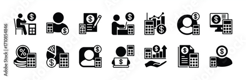 Accounting icon vector set. Accountant, financial statement, audit, calculating money, tax, profit, growth chart, inspecting, earning, invoice, report notes, employee, analysis, auditor - illustration