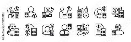Accounting icon set. Financial statement, accountant, financial audit, calculating, inspecting, tax, earning, invoice, report notes, employee, analysis, profit, growth chart - vector illustration