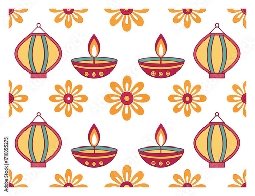 Colorful Diwali seamless pattern with traditional oil lamps lanterns and flowers festive background