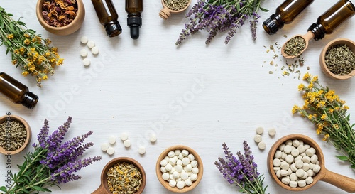 Wallpaper Mural Herbal Medicine: Flat Lay of Dried Herbs, Essential Oils, and Homeopathic Tablets on White Wood Background. Torontodigital.ca