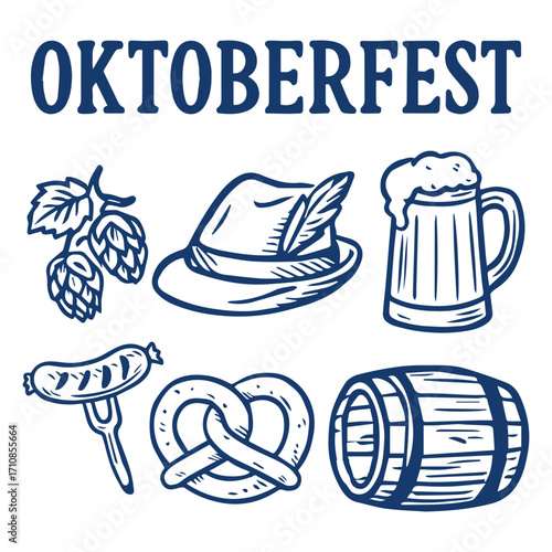 Hand drawn Oktoberfest doodle icon set. Includes beer, pretzel, sausage, hat, hops and barrel. Perfect for autumn festival designs, menus, posters and party invitations