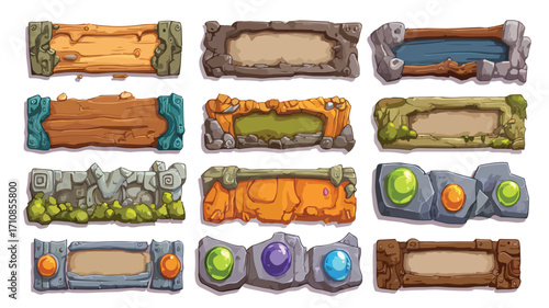 Fantasy Stone Game Menu Board Cartoon UI Set