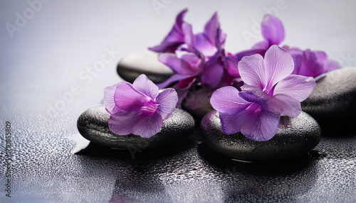 Zen Stones With Purple Flowers For Spa And Relaxation