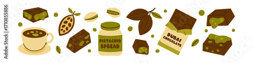 Vector set of Dubai chocolate. Chocolate bar, candies with pistachio filling, cocoa pod, nuts, pistachio spread and hot drink. Luxury gourmet dessert illustration for packaging, cafe menus, branding.