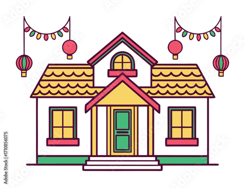 Colorful house with lanterns and festive decorations illustration for celebrations