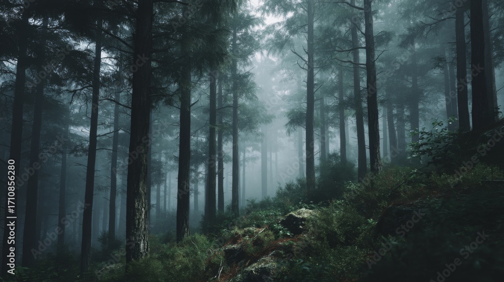 Fototapeta premium Enigmatic Foggy Forest with Mysterious Atmosphere and Cinematic Tones