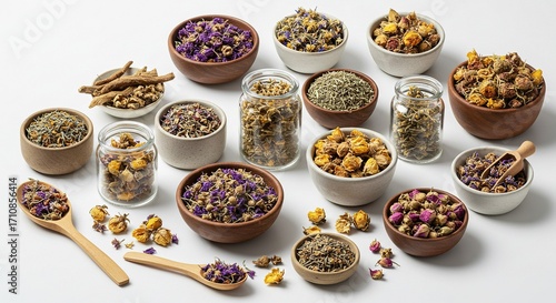Wallpaper Mural Dried Flower and Herb Tea Collection:  Aromatic, Natural, and Calming Herbal Ingredients in Bowls and Jars on White Background. Torontodigital.ca