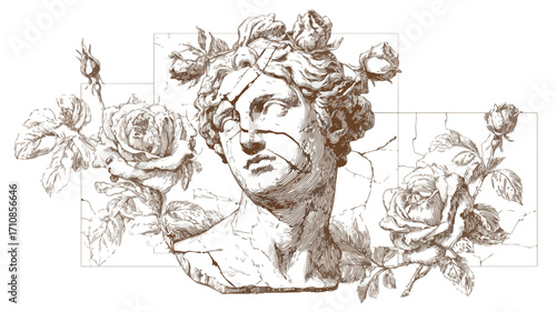 Classical Bust with Broken Details and Rose Adorn - Elegant Antique Sculpture Photo