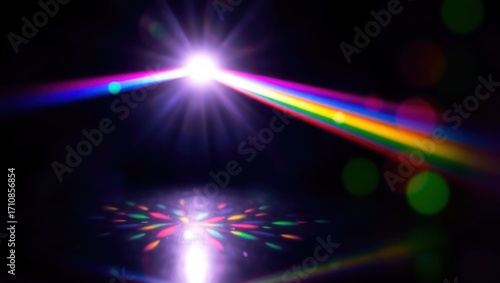 Blurred rainbow refraction overlay effect. Light lens prism effect on black background. Holographic reflection, crystal flare leak shadow overlay. Colorful rainbow disco ball light