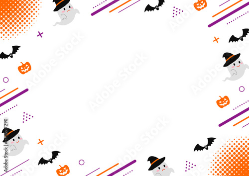 ハロウィンのお化けと幾何学模様のフレームのイラスト_白背景
