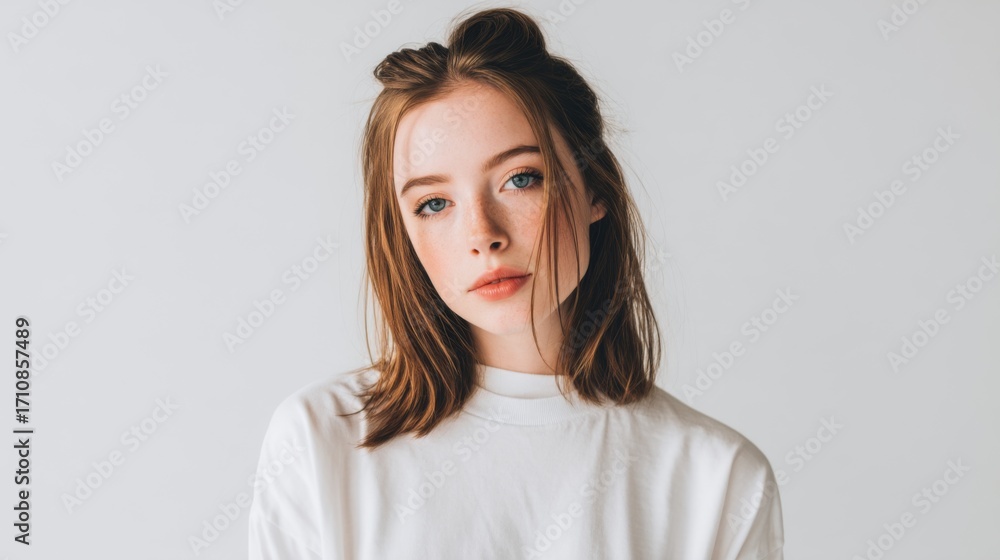 Naklejka premium Elegant Minimalist Portrait of a Young Woman with Clean Background and Natural Makeup