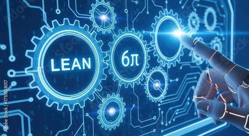 Human finger interacting with futuristic digital interface displaying lean six sigma business process improvement concept