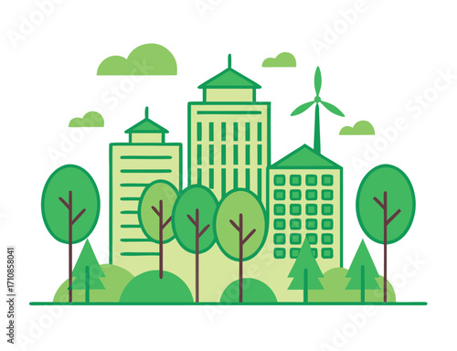 Green city concept with trees buildings and wind turbine clean energy