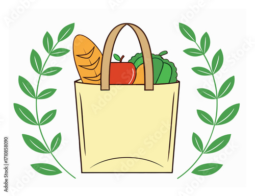 Eco friendly grocery bag with healthy foods and leaves decoration