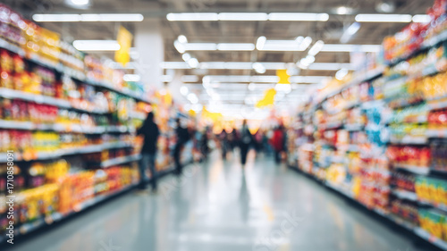 Wallpaper Mural Modern supermarket interior with bright fluorescent lighting showing blurred customers shopping in wide product aisles Torontodigital.ca