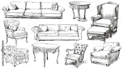 Exquisite Hand-Drawn Decorative Sofa and Fur Collection for Interior Designers