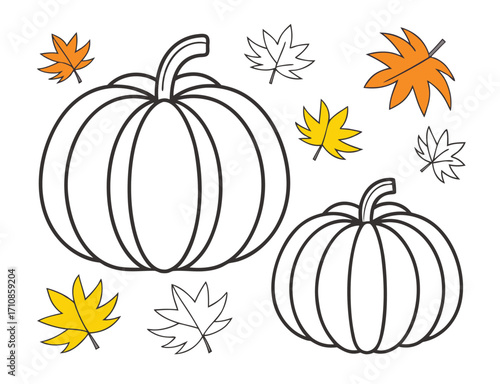 Simple drawing with pumpkins and leaves illustration for autumnal holiday season