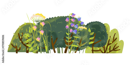 Wild cartoon bush and wildflowers, spring bunch and summer bush with groove floral style, colorful seasonal blossom illustration for decoration