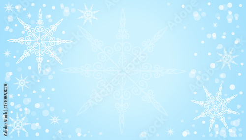 Abstract horizontal winter background with snowflakes. Design template for winter holidays. Vector illustration on the blue backgound with boke effect.