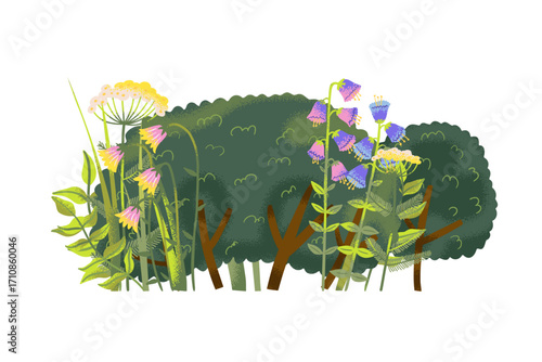 Wild cartoon bush and wildflowers, spring bunch and summer bush with groove floral style, colorful seasonal blossom illustration for decoration