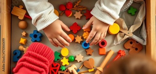 Overhead view of small hands exploring a Montessori sensory box, objects, autism