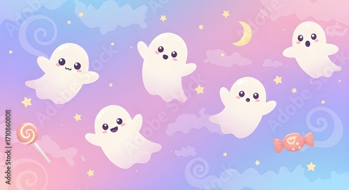 Candy Ghost Parade Cartoon Halloween Background – Cute Pastel Spooky Design