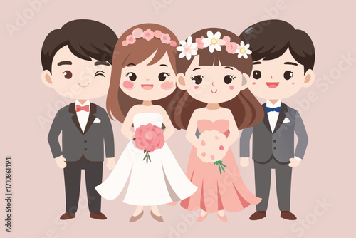 Cute cartoon wedding couple and wedding party in formal attire