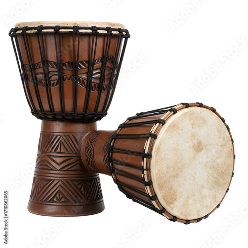 Two brown patterned djembe drums stand and lay on white or transparent background