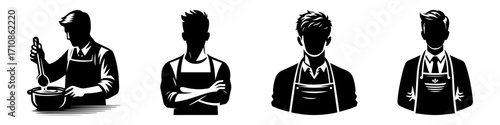Modern Minimalist Man Wearing Apron Icon, Flat Silhouette of a Half-Body Male Figure Vector for Culinary Illustration Design