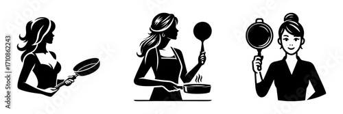 Modern Minimalist Woman Holding Pan Icon, Flat Silhouette of a Female Figure Vector for Cooking Illustration Design
