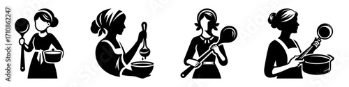 Modern Minimalist Woman Holding Frying Pan Icon, Flat Silhouette of a Cooking Figure Vector for Kitchen Illustration Design