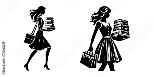 Modern Minimalist Woman Carrying Books Icon, Flat Silhouette of a Student Figure Vector for Education Illustration Design