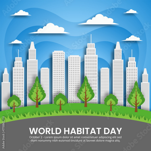 World Habitat Day design with a cutting paper style of buildings and a park