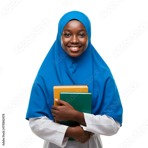 An Africa woman smiles holding books in hijab and white top on white or transparent background