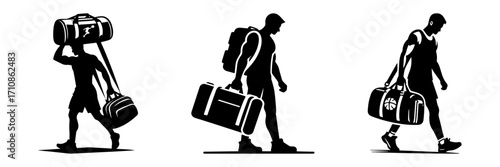 Modern Minimalist Man Carrying Sports Bag Icon, Flat Silhouette of an Athlete Vector for Gym Illustration Design