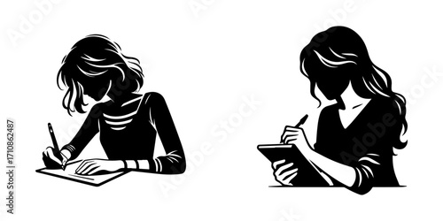 Modern Minimalist Woman Writing Notes Icon, Flat Silhouette of a Student Figure Vector for Education Illustration Design