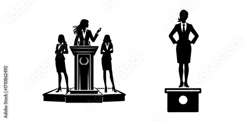 Modern Minimalist Woman Standing at Podium Icon, Flat Silhouette of a Speaker Figure Vector for Presentation Illustration Design
