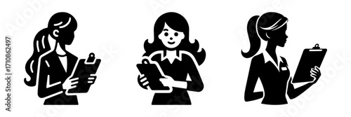 Modern Minimalist Woman Writing Notes Icon, Flat Silhouette of a Half-Body Figure Vector for Education Illustration Design