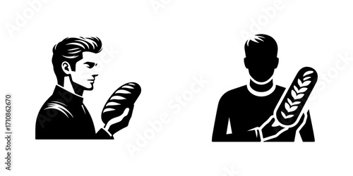 Modern Minimalist Man Holding Bread Icon, Flat Silhouette of a Half-Body Figure Vector for Bakery Illustration Design