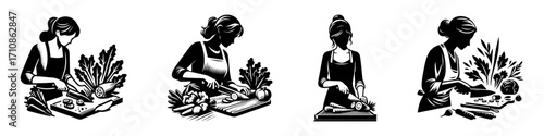 Modern Minimalist Woman Cutting Vegetables Icon, Flat Silhouette of a Cooking Figure Vector for Kitchen Illustration Design