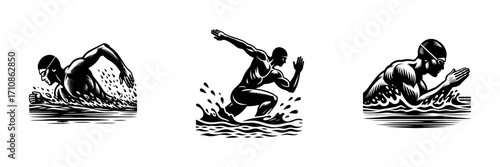 Modern Minimalist Men Swimming Practice Icon, Flat Silhouette of an Athlete Vector for Water Sports Illustration Design