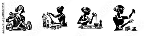 Modern Minimalist Woman Adding Spices Icon, Flat Silhouette of a Cooking Figure Vector for Kitchen Illustration Design