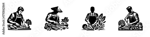 Modern Minimalist Men Cutting Vegetables Icon, Flat Silhouette of a Kitchen Cooking Vector for Food Preparation Illustration Design