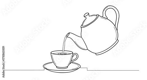 One Line Drawing Teapot Pouring Tea into Cup Vector Illustration