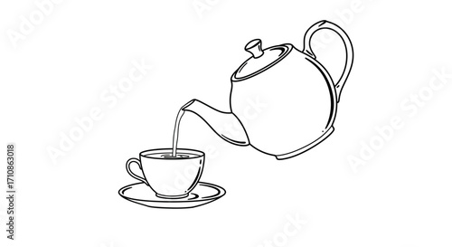 One Line Drawing Teapot Pouring Tea into Cup Vector Illustration