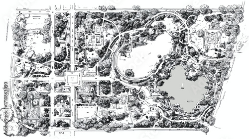Detailed Urban Park Map Outline with Botanical Garden