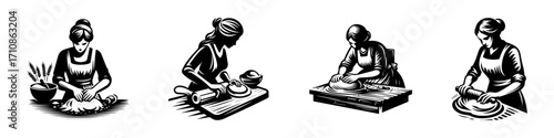 Modern Minimalist Woman Kneading Dough Icon, Flat Silhouette of a Baking Figure Vector for Culinary Illustration Design